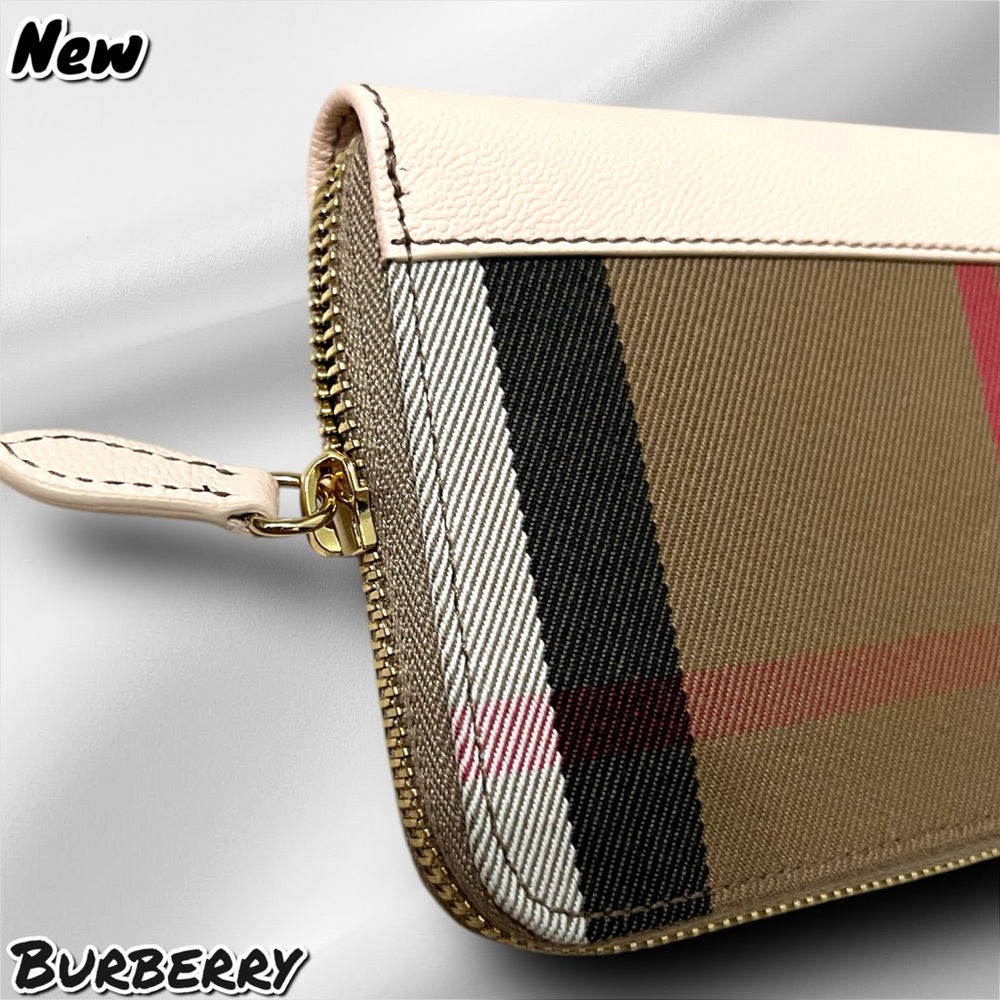 🔴New NWT Burberry Large Check Zip Around Leather Canvas Wallet Pale Cameo - Picture 6 of 8